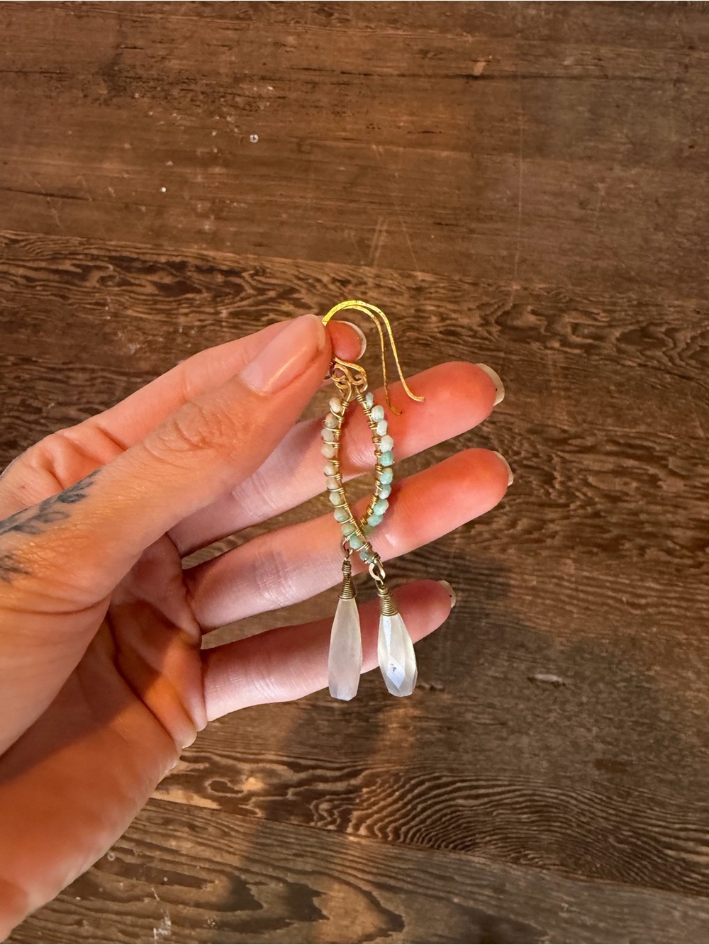 Gold-Finish Mint Bead Drop Earrings with Frosted Teardrops